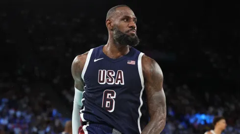 Lebron James #6 of Team United States looks on during the Men's Gold Medal game between Team France and Team United States
