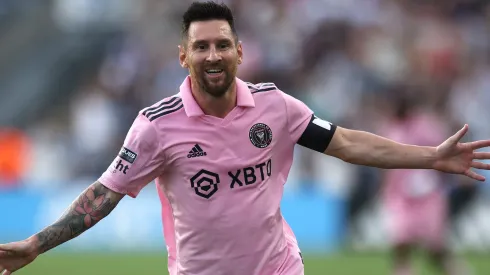 Lionel Messi #10 of Inter Miami CF celebrates after scoring a goal in the first half during the Leagues Cup 2023 semifinals match between Inter Miami CF and Philadelphia Union at Subaru Park on August 15, 2023 in Chester, Pennsylvania.