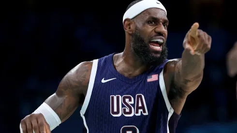 Lebron James #6 of Team United States reacts during a Men's basketball group phase-group C game between the United States and Puerto Rico on day eight of the Olympic Games Paris 2024 at Stade Pierre Mauroy on August 03, 2024 in Lille, France.
