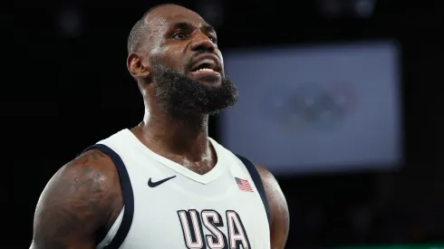 Lebron James #6 of Team United States reacts during a Men's basketball semifinals match between Team United States and Team Serbia on day thirteen of the Olympic Games Paris 2024 at Bercy Arena on August 08, 2024 in Paris, France.
