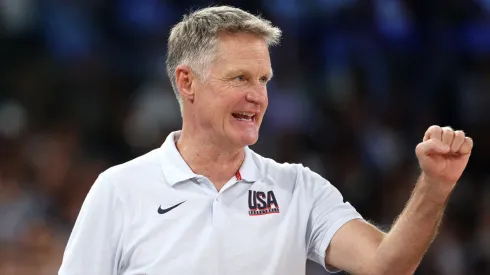 Head coach Steve Kerr of Team United States reacts during a Men's basketball quarterfinal game between Team United States and Team Brazil
