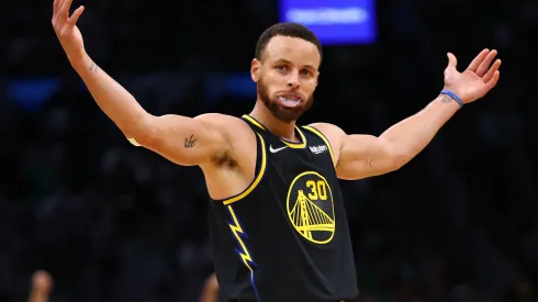 Stephen Curry #30 of the Golden State Warriors celebrates a three point basket in the third quarter against the Boston Celtics during Game Four of the 2022 NBA Finals at TD Garden on June 10, 2022 in Boston, Massachusetts.
