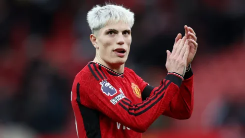 Alejandro Garnacho of Manchester United applauds the fans at full-time following the teams victory in the Premier League match between Manchester United and West Ham United
