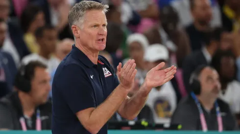 Head coach Steve Kerr of Team United States reacts during the Men's Gold Medal game between Team France and Team United States
