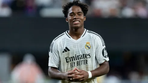 Endrick Moreira #16 of Real Madrid reacts to a missed opportunity on goal in the second half of the pre-season friendly match against FC Barcelona at MetLife Stadium on August 3, 2024 in East Rutherford, New Jersey.
