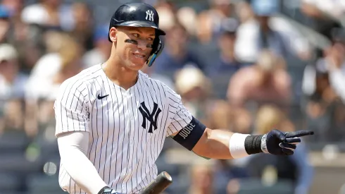 Aaron Judge #99 of the New York Yankees reacts after being struck out by José Berríos #17 of the Toronto Blue Jays during the fourth inning at Yankee Stadium on August 3, 2024 in New York City.