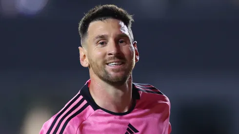 Lionel Messi #10 of Inter Miami CF celebrates a goal scored by Luis Suarez #9 against the New York Red Bulls during the second half in the game at DRV PNK Stadium on May 04, 2024 in Fort Lauderdale, Florida.
