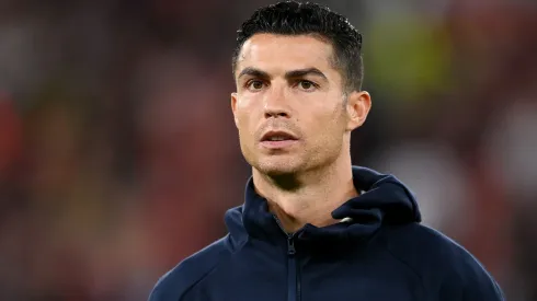 Cristiano Ronaldo of Manchester United looks on while lining up prior to the UEFA Europa League group E match between Manchester United and Real Sociedad at Old Trafford on September 08, 2022 in Manchester, England.