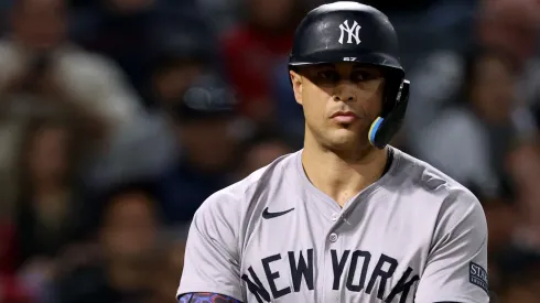 Giancarlo Stanton #27 of the New York Yankees reacts to his walk during a 2-1 win over the Los Angeles Angels at Angel Stadium of Anaheim on May 29, 2024 in Anaheim, California.
