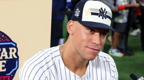 Aaron Judge #99 of the New York Yankees talks to the media during the Gatorade All-Star Workout Day at Globe Life Field on July 15, 2024 in Arlington, Texas. 
