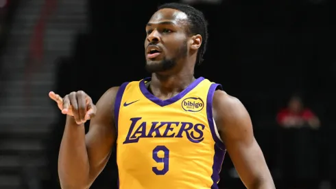 Bronny James Jr. #9 of the Los Angeles Lakers reacts to scoring on the Cleveland Cavaliers in the first half of a 2024 NBA Summer League game at the Thomas & Mack Center on July 18, 2024.
