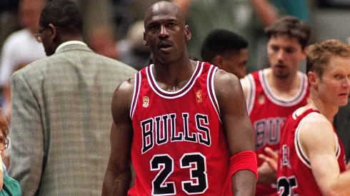 Michael Jordan #23 of the Chicago Bulls walks on the court during game five of the NBA Finals against the Utah Jazz at the Delta Center in Salt Lake City, Utah. The Bulls defeated the Jazz 90-88. 
