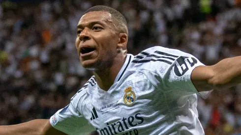 Mbappe celebrates his goal for Real Madrid vs Atalanta at the 2024 UEFA Super Cup.
