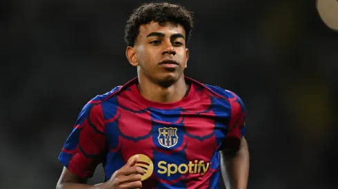 Lamine Yamal of FC Barcelona looks on prior to the LaLiga EA Sports match between FC Barcelona and UD Las Palmas at Estadi Olimpic Lluis Companys on March 30, 2024 in Barcelona, Spain.
