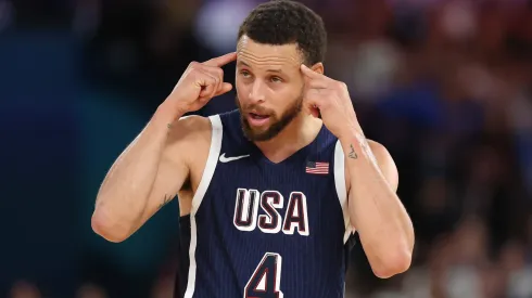 Stephen Curry #4 of Team United States reacts during the Men's Gold Medal game between Team France and Team United States on day fifteen of the Olympic Games Paris 2024 at Bercy Arena on August 10, 2024 in Paris, France.
