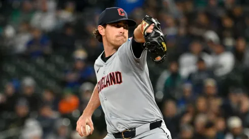 Shane Bieber #57 of the Cleveland Guardians throws a pitch during the fourth inning against the Seattle Mariners at T-Mobile Park on April 02, 2024 in Seattle, Washington.