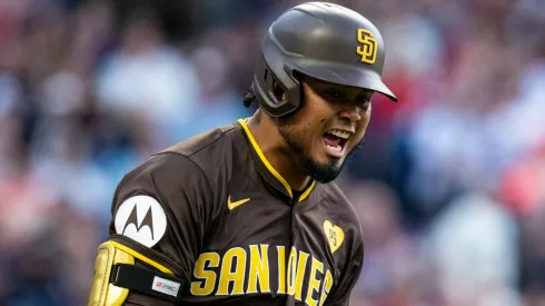 Luis Arraez #4 of the San Diego Padres reacts to his line out to right field during the fifth inning of the game against the Cleveland Guardians at Progressive Field on July 19, 2024 in Cleveland, Ohio.