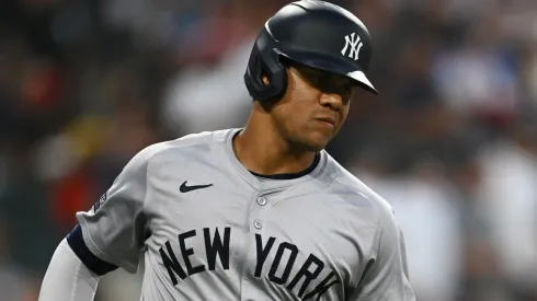 Juan Soto #22 of the New York Yankees runs the bases after hitting a two-run home run in the third inning off Jonathan Cannon of the Chicago White Sox (not pictured) at Guaranteed Rate Field.
