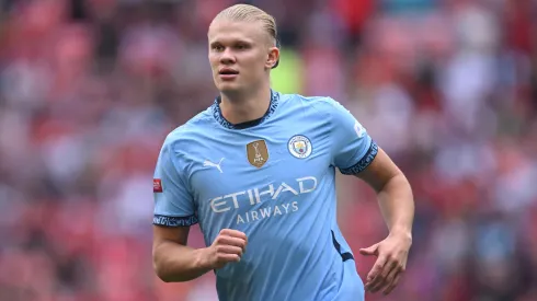 Erling Haaland of Manchester City in action during the 2024 FA Community Shield match between Manchester United and Manchester City