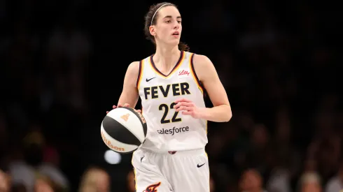 Caitlin Clark #22 of the Indiana Fever takes the ball out during the third quarter of a game against the New York Liberty
