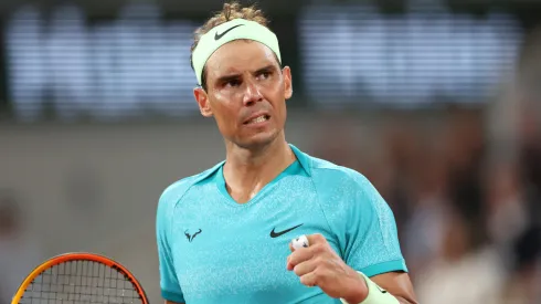 Rafael Nadal of Spain celebrates a point against Alexander Zverev of Germany