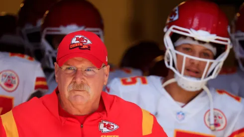 Andy Reid and Patrick Mahomes #15 in the tunnel before the game against the Indianapolis Colts at Lucas Oil Stadium on September 25, 2022 in Indianapolis, Indiana.
