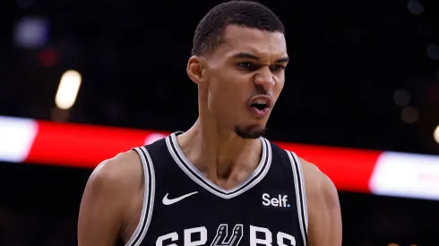 Victor Wembanyama #1 of the San Antonio Spurs celebrates after scoring against the Houston Rockets in overtime at Frost Bank Center on October 27, 2023 in San Antonio, Texas. (Photo by Ronald Cortes/Getty Images)