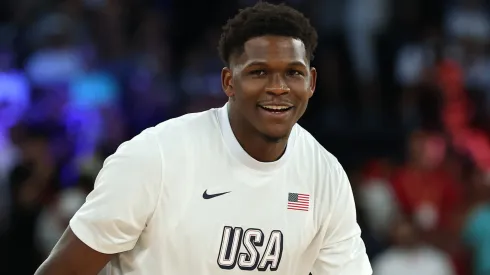 Anthony Edwards #5 of Team United States warms up prior the Men's Gold Medal game between Team France and Team United States on day fifteen of the Olympic Games Paris 2024 at Bercy Arena on August 10, 2024 in Paris, France.
