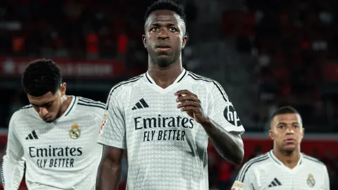 Vinicius Junior of Real Madrid CF, Jude Bellingham of Real Madrid CF and Kylian Mbappe of Real Madrid CF during the LaLiga match between RCD Mallorca and Real Madrid.