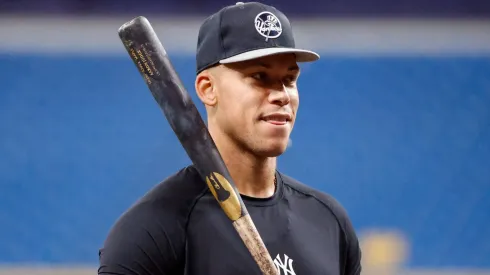 New York Yankees designated hitter Aaron Judge (99) takes batting practice ahead of a game against the Tampa Bay Rays.