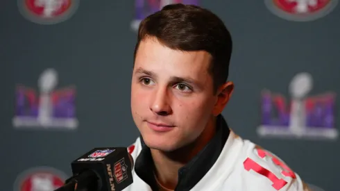Brock Purdy #13 of the San Francisco 49ers speaks to media during San Francisco 49ers media availability ahead of Super Bowl LVIII at Hilton Lake Las Vegas Resort and Spa on February 08, 2024 in Henderson, Nevada.