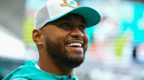 Tua Tagovailoa #1 of the Miami Dolphins looks on prior to a preseason game against the Atlanta Falcons at Hard Rock Stadium on August 09, 2024 in Miami Gardens, Florida.
