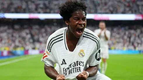 Endrick of Real Madrid celebrates scoring his team's third goal during the La Liga match between Real Madrid CF and Real Valladolid CF