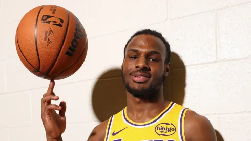 Bronny James #9 of the Los Angeles Lakers poses for a portrait during the 2024 NBA Rookie Photo Shoot
