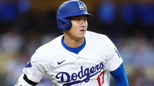 Shohei Ohtani #17 of the Los Angeles Dodgers hits a single against the Baltimore Orioles in the first inning at Dodger Stadium on August 27, 2024 in Los Angeles, California.