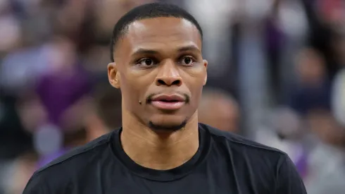 Russell Westbrook #0 of the Los Angeles Lakers warms up before a preseason game against the Phoenix Suns at T-Mobile Arena.