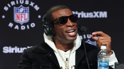 Deion "Coach Prime" Sanders speaks on SiriusXM at Super Bowl LVIII on February 08, 2024 in Las Vegas, Nevada.