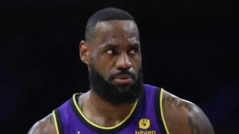 LeBron James #23 of the Los Angeles Lakers looks on during the first half of a game against the Philadelphia 76ers at Crypto.com Arena on March 22, 2024 in Los Angeles, California.
