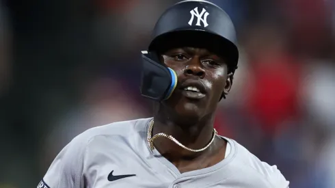 Jazz Chisholm Jr #13 of the New York Yankees rounds the bases after hitting a three-run home run in the seventh inning against the Philadelphia Phillies.
