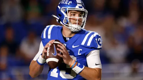Riley Leonard #13 of the Duke Blue Devils drops back to pass against the Notre Dame Fighting Irish during the first half at Wallace Wade Stadium on September 30, 2023 in Durham, North Carolina.
