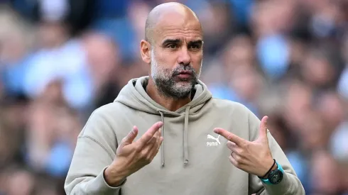 Pep Guardiola, Manager of Manchester City, reacts during the Premier League match between Manchester City FC and Ipswich Town FC at Etihad Stadium on August 24, 2024 in Manchester, England.