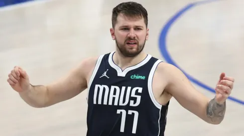 Luka Doncic #77 of the Dallas Mavericks reacts during the second quarter against the Minnesota Timberwolves
