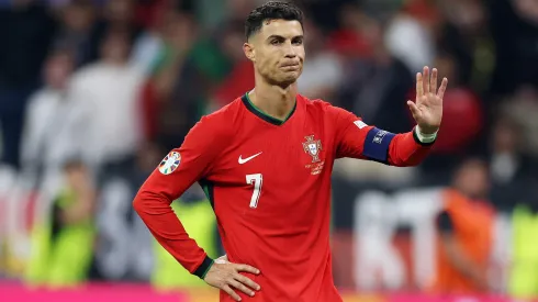 Cristiano Ronaldo of Portugal gestures as he reacts ahead of the second half of extra-time during the UEFA EURO 2024 round of 16 match between Portugal and Slovenia
