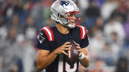 Drake Maye #10 of the New England Patriots looks to make a pass during the first quarter of a preseason game against the Carolina Panthers at Gillette Stadium on August 08, 2024 in Foxborough, Massachusetts.