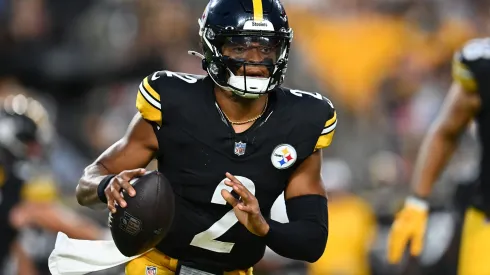 Justin Fields #2 of the Pittsburgh Steelers looks to pass against the Buffalo Bills in the second quarter during the preseason game at Acrisure Stadium on August 17, 2024 in Pittsburgh, Pennsylvania.