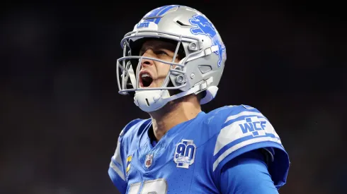 Jared Goff #16 of the Detroit Lions celebrates after a fourth quarter touchdown against the Atlanta Falcons at Ford Field on September 24, 2023 in Detroit, Michigan.