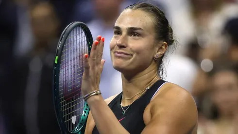 Aryna Sabalenka celebrates her 2024 US Open QF win