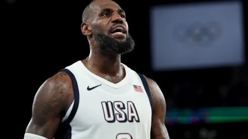 LeBron James #6 of Team United States reacts during a Men's basketball semifinals match between Team United States and Team Serbia on day thirteen of the Olympic Games Paris 2024 at Bercy Arena on August 08, 2024 in Paris, France.

