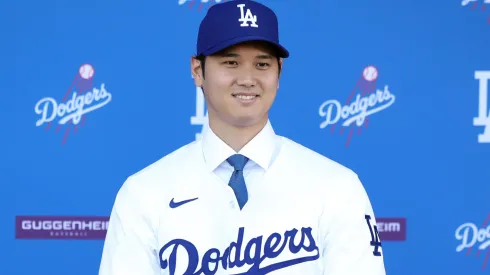 Shohei Ohtani is introduced by the Los Angeles Dodgers at Dodger Stadium on December 14, 2023 in Los Angeles, California.