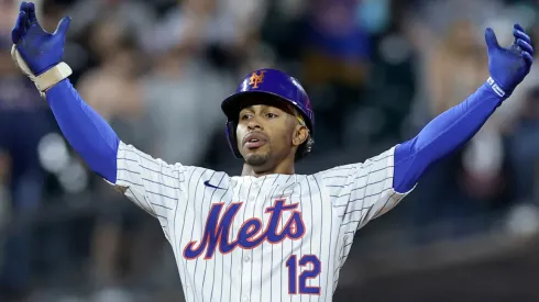 Francisco Lindor #12 of the New York Mets reacts at second base after his eighth inning RBI double against the Boston Red Sox at Citi Field on September 03, 2024 in New York City.